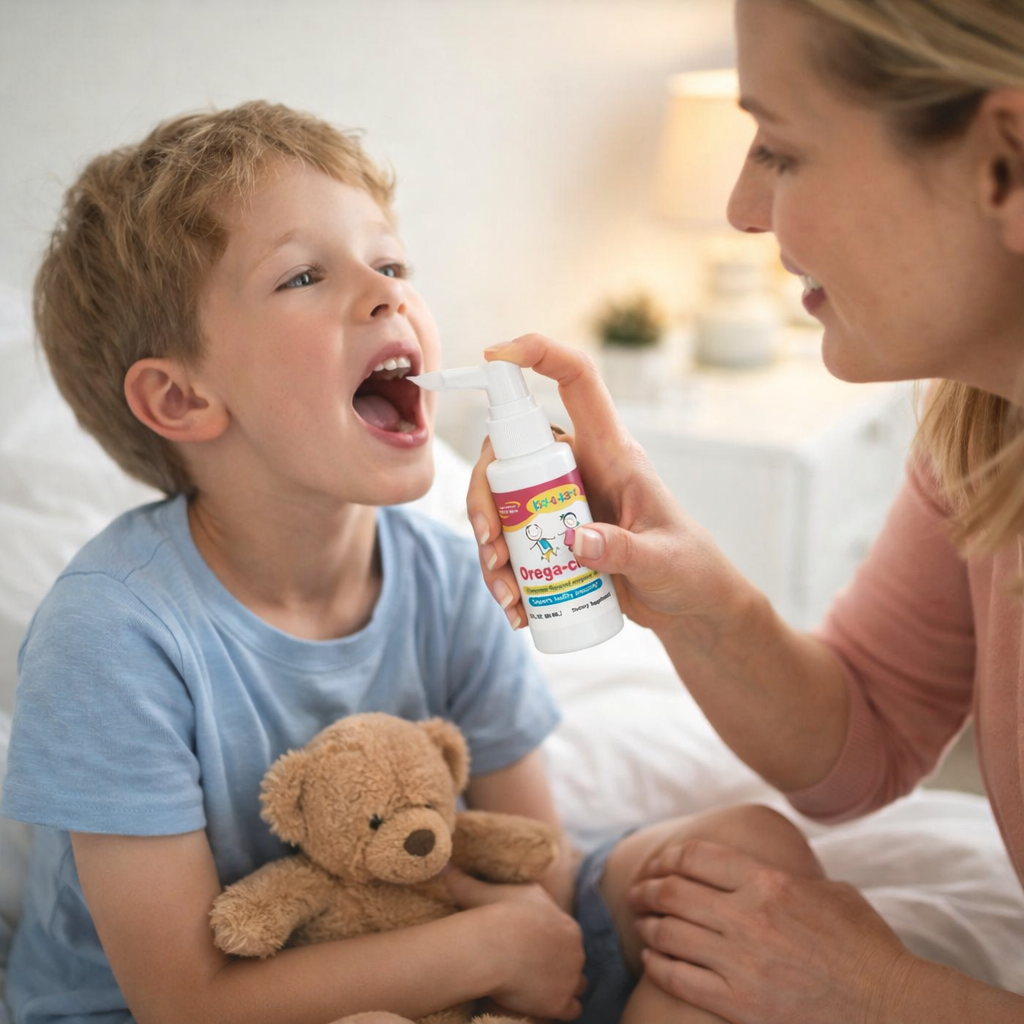 Mother spraying Orega-Cinn throat spray into a child’s throat while sitting on a bed.